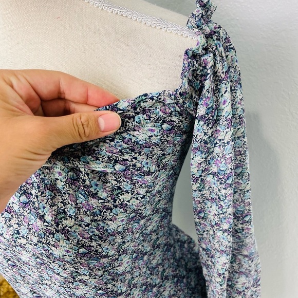 For Love & Lemons Purple Floral Long Sleeve Off Shoulder Pocket Tunic Mini Dress - Picture 5 of 8